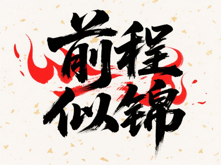 文案“前程似锦”，黑红配色，宣纸背景，洒金。黑色配色预览效果