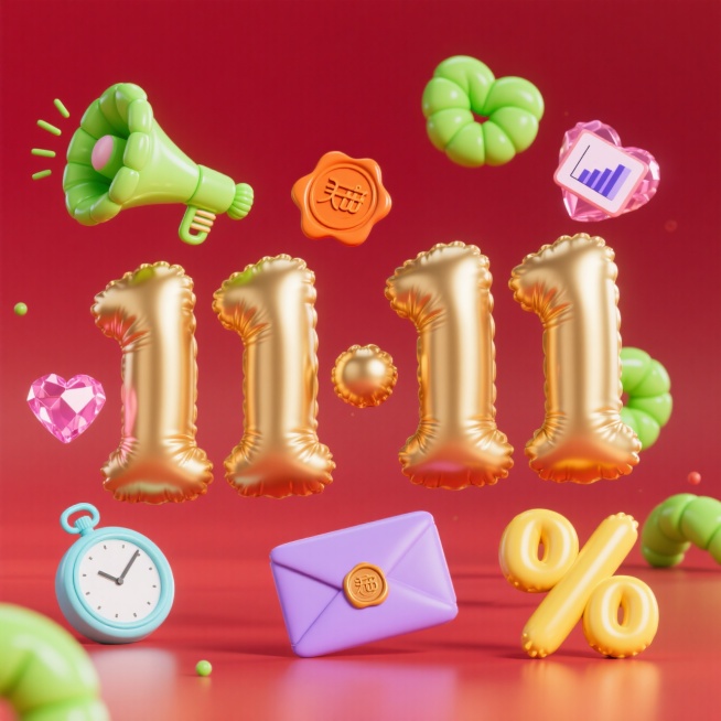 主体为精致的金色金属“11·11”数字，具有高光和细腻的雕刻纹理。数字周围优雅地散落着复古喇叭、怀表、火漆印章信封、切割水晶爱心、简约数据图表和烫金折扣标识。前景一尘不染，背景是浓郁奢华的酒红色丝绒质预览效果