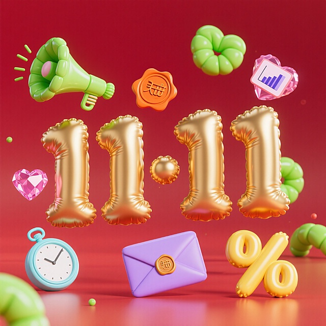 主体为精致的金色金属“11·11”数字，具有高光和细腻的雕刻纹理。数字周围优雅地散落着复古喇叭、怀表、火漆印章信封、切割水晶爱心、简约数据图表和烫金折扣标识。前景一尘不染，背景是浓郁奢华的酒红色丝绒质感。