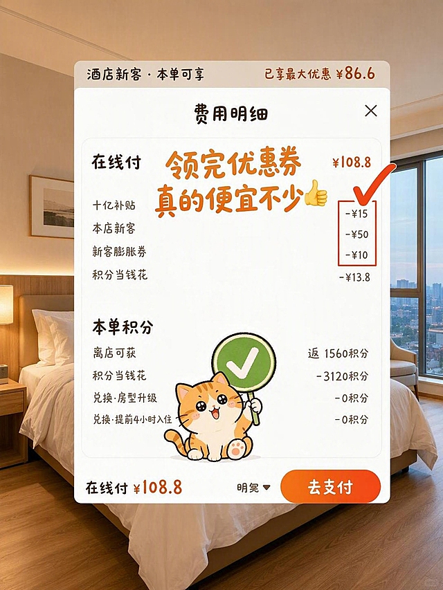 基于原图重绘，保留费用明细弹窗的整体结构和酒店房间背景布局，仅修改以下内容：1. 将中间的兔子表情包替换为一只可爱的橘猫举着对勾牌子的表情包，位置从中间移到弹窗左下角；2. 将背景酒店房间换成现代简约风格的酒店大床房，暖色调灯光，木质地板，落地窗；3. 将弹窗内所有文字字体改为圆润可爱的手写体风格，主标题大字改为橙红色渐变艺术字；4. 价格和折扣数字可调整，保持领券优惠的主题；5. 其余UI结构和整体构图保持不变。