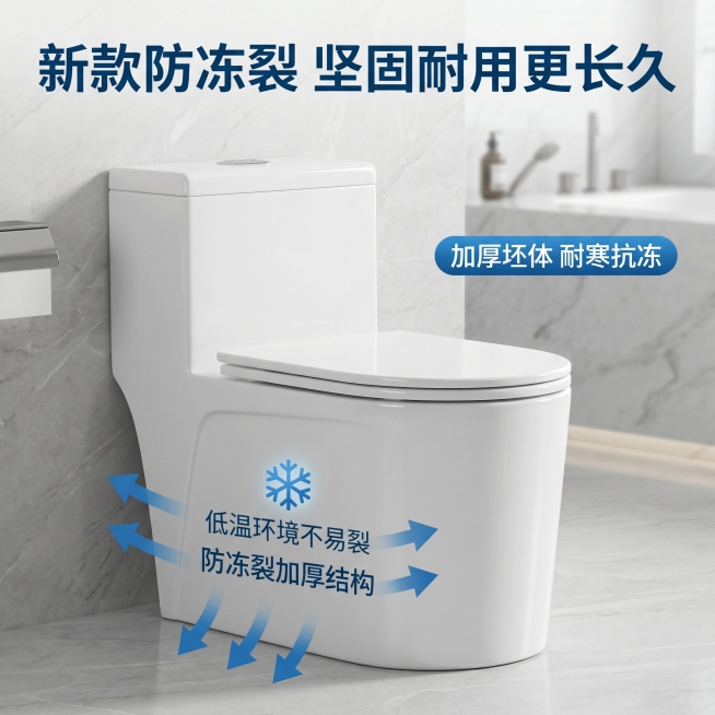 [主图 9] 马桶防冻裂特性展示图。[氛围风格] 专业可靠，性能安心；[画质] 商业摄影质感、光线柔和通透、产品清晰真实、画面干净高级。[元素] 马桶整体展示在明亮浅色系卫生间场景，保持产品外观材质颜预览效果