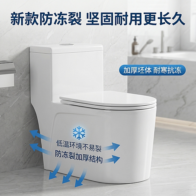 [主图 9] 马桶防冻裂特性展示图。[氛围风格] 专业可靠，性能安心；[画质] 商业摄影质感、光线柔和通透、产品清晰真实、画面干净高级。[元素] 马桶整体展示在明亮浅色系卫生间场景，保持产品外观材质颜色与输入产品图绝对一致，突出展示加厚主体结构体现防冻裂性能，添加文字图标说明低温环境不易裂。商品主体占比约 65%，画面满屏无边框。[光影] 均匀柔和自然光线，体现产品质感，层次清晰。[配色] 浅灰白主色调，浅蓝色图标点缀，清爽干净。[视角构图] 平视完整展示视角，产品完整居中。[文字版式] 顶部主标题「新款防冻裂 坚固耐用更长久」，深蓝色粗体醒目。右侧用蓝色胶囊标签标注「加厚坯体 耐寒抗冻」，清晰说明核心卖点，不遮挡产品主体。[比例分辨率] 1:1 比例，2k 分辨率；文字清晰锐利，画面超高清。[负向提示词] 变形，水印，文字错乱，产品图模糊，背景杂乱，文字遮挡主体