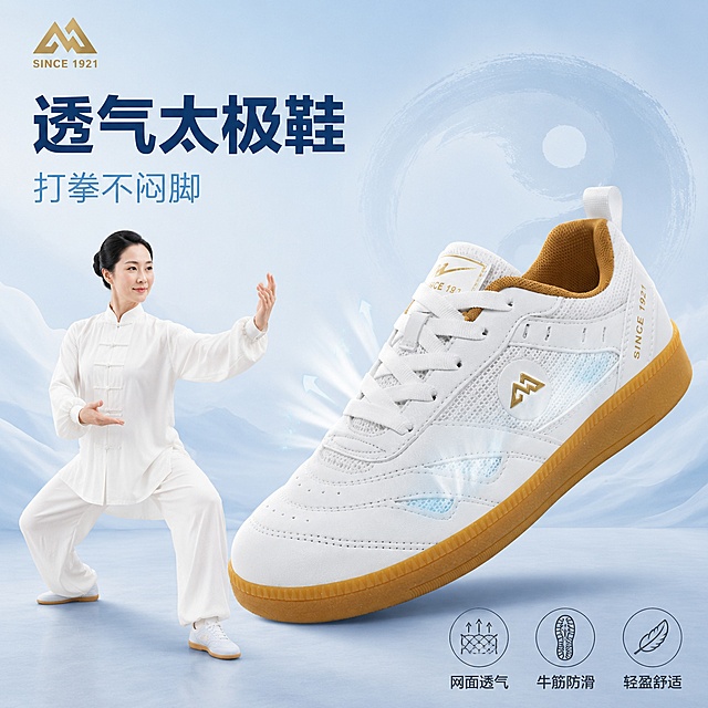 [单张主图] 透气太极鞋 高级氛围感主图 左人物右鞋构图 浅蓝色调
[画面主体] 右侧为白色网面太极鞋（牛筋底、金色Logo、SINCE 1921字样），鞋子放大为画面视觉主体，占画面约55%，斜45度侧视角，鞋头朝左下，鞋跟朝右上，悬浮于浅蓝渐变空间中，鞋底有柔和投影。保持鞋子外观（物理结构、材质质感、颜色、Logo、网面纹理、牛筋底颜色）与输入产品图完全一致，杜绝任何变形和色差，精细化处理网面透气孔与皮革缝线细节。
[构图版式] 采用「人景氛围型」左文右物变体，左侧约40%区域为打太极的中年女人，右侧约60%区域为放大的太极鞋产品，左上留白区放主标题文案，整体左右平衡不拥挤。
[场景元素] 左侧：一位气质优雅的中年亚洲女性，身穿白色宽松太极服，正在打太极，呈云手或野马分鬃的经典太极姿势，动作舒展自然，面部表情宁静祥和，妆容淡雅，头发整齐盘起，人物全身或大半身呈现，脚下是浅蓝渐变的柔和地面。背景：整体为浅蓝到淡蓝的渐变背景，带有淡淡的水墨晕染感和太极阴阳鱼的隐约轮廓，营造东方禅意与清新透气的氛围，背景中点缀少量飘逸的白色纱幔或云雾元素，增加层次感。右侧鞋子周围：有淡淡的蓝色气流和透气光效从鞋身网面处散发出来，表现透气功能，光效柔和不刺眼。
[文案版式] 左上负空间左对齐排版，两行主辅文案。主标题大字："透气太极鞋"，深蓝色粗体无衬线字体，字号最大；副标题小字："打拳不闷脚"，浅蓝色中号字体，约主标题一半高度，位于主标题下方。鞋子下方偏右位置，有三个轻量线稿图标横向排列，分别对应：网面透气、牛筋防滑、轻盈舒适，每个图标配两个字短说明，文字为深灰色小号字体。左上角安全区保留鞋子同款金色品牌Logo。所有文字清晰可读，不遮挡鞋子主体和人物面部。
[光影质感] 柔和自然光从左上方照射，人物和鞋子受光均匀，网面有通透的透光感，皮革部分有细腻的高光，牛筋底呈现温润的半透明质感。整体光影柔和，阴影淡而清晰，画面干净通透，有高级商业摄影质感。
[配色字体] 主色调：浅蓝、淡蓝、白色；辅助色：金色（Logo）、深灰蓝（文字）、浅棕黄（牛筋底）。字体：现代无衬线体，主标题粗重醒目，副标题轻盈，整体雅致不浮夸。
[比例分辨率] 1:1正方形比例，2K超高清，文字清晰锐利，商业摄影质感。
[负向提示词] 变形，文字错乱，产品图模糊，背景杂乱，水印，电商平台Logo，多余的手，多余的手指，畸形手，融合手指，手部扭曲，肢体穿模，人物面部扭曲，关节反折，鞋子变形，网面破损，颜色偏差