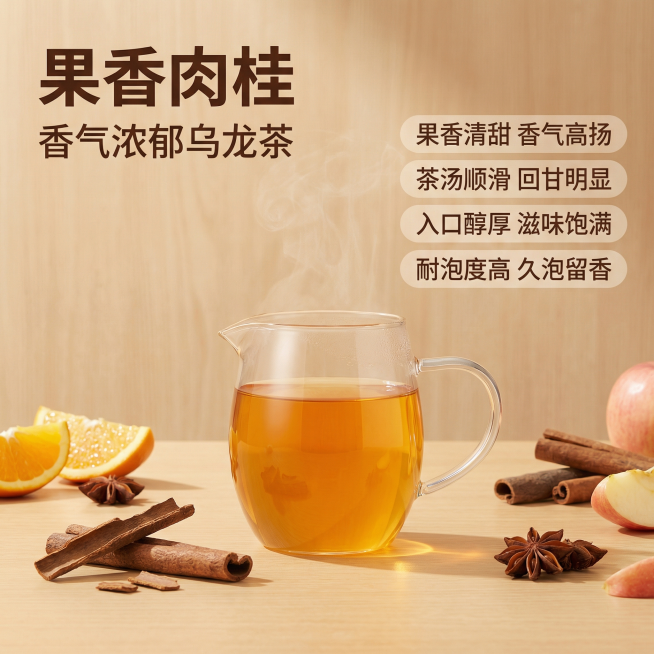 [主图主题] 果香肉桂乌龙茶高点击率首图
[氛围/风格] 现代简约风格，自然暖阳逆光，清新食欲感
[画面元素] 透明玻璃公道杯盛放橙黄透亮的果香肉桂茶汤居中，茶汤上方飘着淡淡热气，旁边散落几片干肉桂与预览效果
