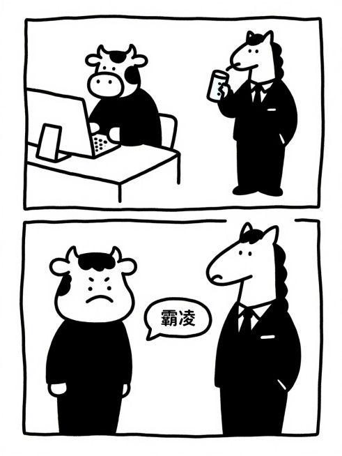 根据下面的剧本设计一组小牛与小马的日常行为学四格漫画。
画面一，小牛在电脑前认真工作，小马穿着西装，站在旁边严肃地盯着他。
画面二，小牛去接水喝，小马穿着西装严肃地跟着小牛。
画面三，小牛不开心地说：预览效果