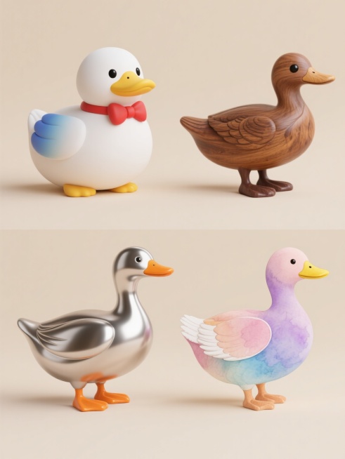 超写实风格的四只鸭子元素设计，浅色背景，上下两行对齐排列。第一行左侧是戴着红色领结的白色卡通鸭子，黄色鸭喙，圆滚滚的身体，翅膀处有蓝色渐变；第一行右侧是复古风格的棕色木质鸭子摆件，雕刻纹理清晰，喙部和脚蹼为深棕色，眼睛是黑色纽扣样式。第二行左侧是金属质感的银色鸭子雕塑，流线型身体，表面有反光效果，橙色鸭喙和脚蹼形成对比；第二行右侧是水彩风格的彩色鸭子，身体由淡粉、浅紫、天蓝渐变组成，鸭喙是黄色……预览效果