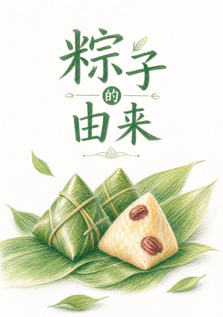 粽子的由来主题海报，彩铅手绘风格，白色背景，画面简洁，仅绘制粽子和粽叶核心元素，标题清晰，整体为210mm×297mm竖版预览效果