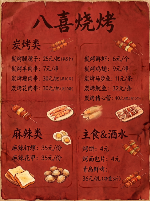 重新换一个风格，将整体背景和色调调整得更红，保留所有文字和菜品排版不变，更浓烈的红色复古做旧风格预览效果