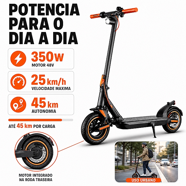 [主图-2] PATINETE ELÉTRICO MONSTRO 核心价值与关键性能数据。唯一任务=用三个关键数字说明为什么值得买，不做完整规格表。
[统一基调] 巴西站亚马逊主图。纯白 #FFFFFF 背景。整体明亮饱满、排版充实。主标题黑色 #111111 加粗无衬线大写字体，辅助文字深灰 #4A4A4A，强调色为产品同款亮橙 #FF6A00 用于图标、数字、细描线与胶囊标签；卡片为白色卡面配浅灰细描边与统一圆角；影棚均匀柔光。产品为哑光黑车身配橙色细节，外观结构颜色与输入产品图完全一致。
[画面] 右侧为整车 3/4 前视角主视觉占比约 45%，车头朝向画面左侧；左上方黑色加粗大写主标题 "POTENCIA PARA O DIA A DIA"，下方三个橙色数据组件：大号数字 "350W" 配缩小的小字 "MOTOR 48V"、大号数字 "25 km/h" 配小字 "VELOCIDADE MAXIMA"、大号数字 "45 km" 配小字 "AUTONOMIA"；数字用橙色粗体，说明文字比数字小 50% 以上；本张只用一次细长橙色数据条作为对比可视化，不做仪表盘；右下角一个带白色描边圆角小窗，窗内是城市街道骑手通勤的真实弱场景、景深虚化并带窗内名称标注 "USO URBANO"；左下方为后轮一体化电机的圆形局部放大窗、橙色引线指向后轮电机。
[光影质感] 影棚柔光与场景窗自然光方向一致，产品落地有真实接触阴影。
[配色] 以白底为主，强调色仅亮橙 #FF6A00，卡片白色浅灰描边。
[文字版式] 全套统一同一种无衬线加粗字体，主标题最大、数字次之、说明最小；可见文案无逗号；全部为巴西葡萄牙语。
[输出要求] 1:1，文字清晰不重叠、不遮挡产品。负向：中文、英文错拼、错字、变形、部件缺失、模糊、水印、Logo。