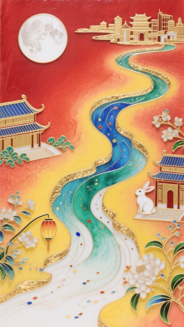 工笔画加喷墨，波浪形状展现，颜色水彩晕染、喷洒效果，点彩，俯视角度，颜色主要为红黄色渐变为主，小面积点缀蓝、绿，波浪边缘上叠加一些小小的工笔线描的古风中秋景象；一轮圆月、闹市楼阁、灯笼、玉兔、点彩式植预览效果