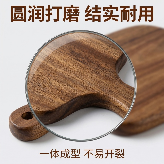 [主图 3] 材质细节展示图
[氛围/风格] 特写质感，自然真实，突出木材天然纹理。
[画面元素] 放大展示带手柄相思木砧板的板面天然木纹和手柄挂孔，添加圆形放大镜效果框，框内清晰展示木材致密纹理和打预览效果