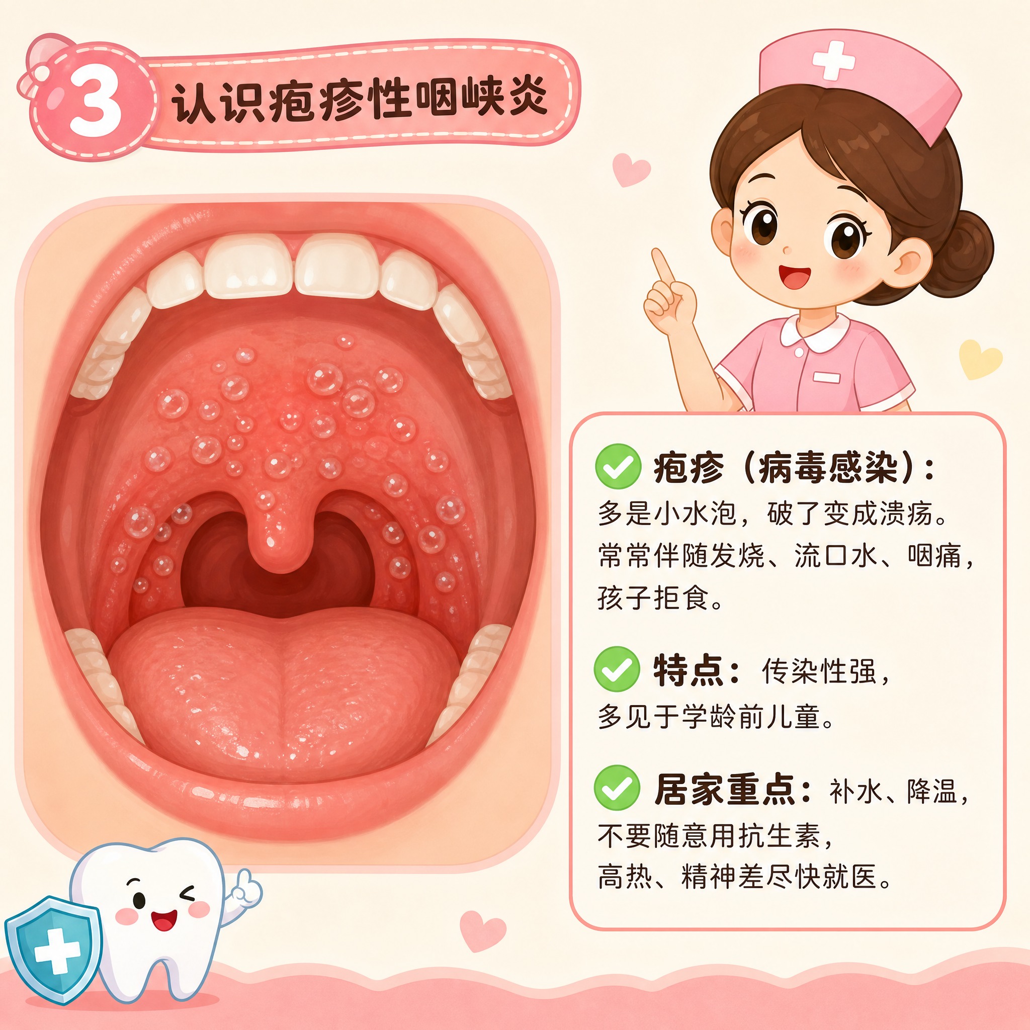 儿童科普漫画第三格，温和卡通风格，画面左侧是口腔内部示意图，咽… - 图片创意预览