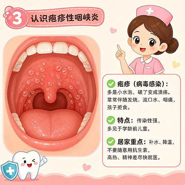 儿童科普漫画第三格，温和卡通风格，画面左侧是口腔内部示意图，咽喉和软腭部位有许多透亮的小水泡集中分布，水泡晶莹剔透，画面右侧一位穿粉色护士服的可爱护士姐姐在讲解，护士旁边有文字说明："疱疹（病毒感染）：多是小水泡，破了变成溃疡。常常伴随发烧、流口水、咽痛，孩子拒食。特点：传染性强，多见于学龄前儿童。居家重点：补水、降温，不要随意用抗生素，高热、精神差尽快就医。"，文字前有绿色对勾图标，整体色调温暖柔和，医学示意图清晰易懂不恐怖