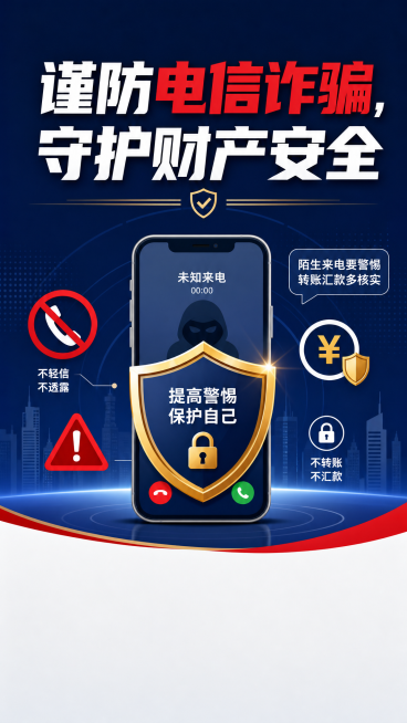 反诈骗宣传海报，画面简洁，背景干净不杂乱，顶部配醒目文字"谨防电信诈骗，守护财产安全"，底部留有少量留白，配色稳重醒目的公益宣传海报设计预览效果
