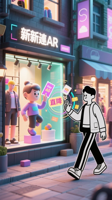 在虚实交织街道，消费者以简约黑白线条现实身影前行，目光所及橱窗被 AR 点亮，立体商品 3D 模型跳动 “直降” 价格，互动优惠券环绕，其指尖触碰橱窗，数据涟漪荡开，呈现线上优惠与线下体验融合的未来感预览效果