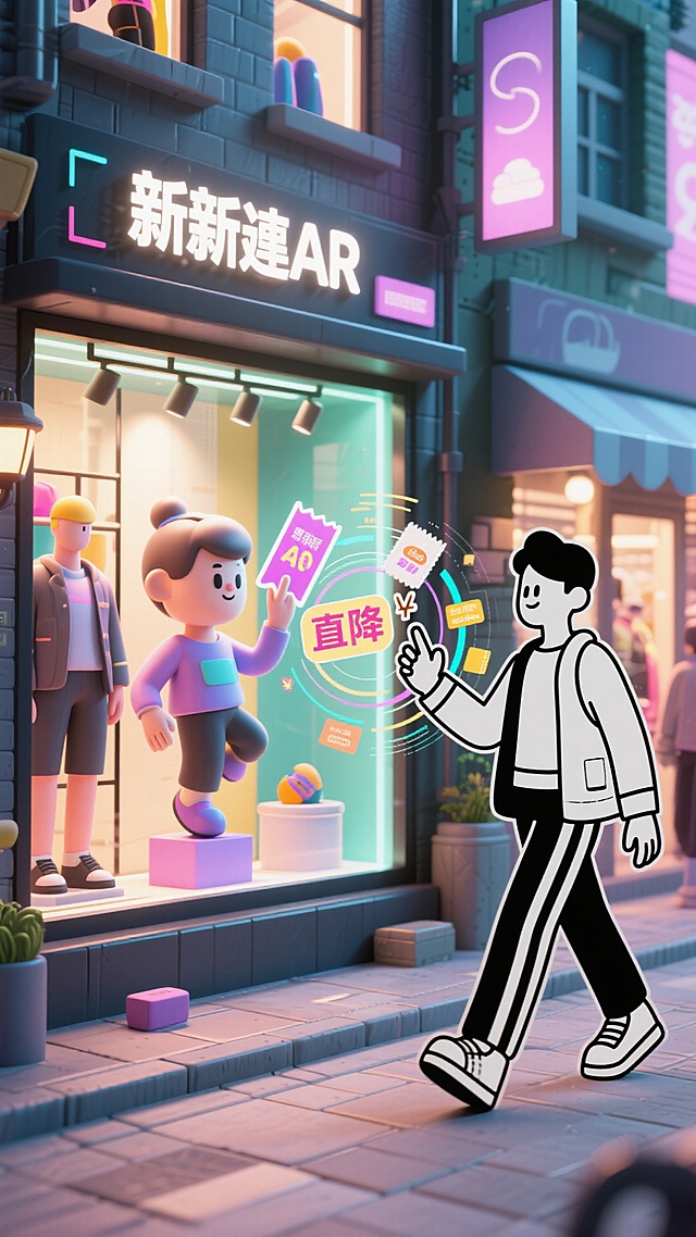 未来感与科技感交织的霓虹夜街，2D&3D混搭风呈现虚拟现实购物场景，卡通人物互动促销，软3D设计搭配粒子特效，潮流感十足。