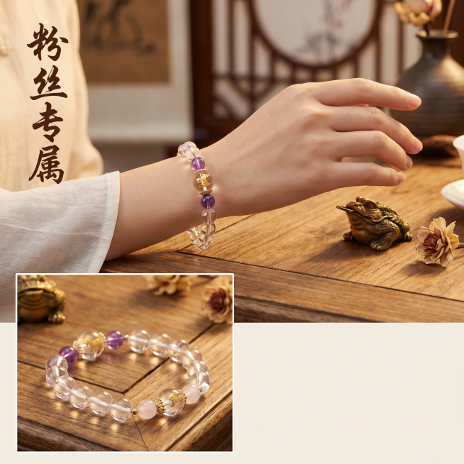 [主图 4] 佩戴效果与产品整体多角度展示；
[氛围风格] 新中式禅意佛系静物摄影风，中式禅意原木茶桌场景，背景虚化营造静谧有文化底蕴的氛围感；
[画质] 8K超高清商业摄影级，细节饱满，精准还原天然预览效果