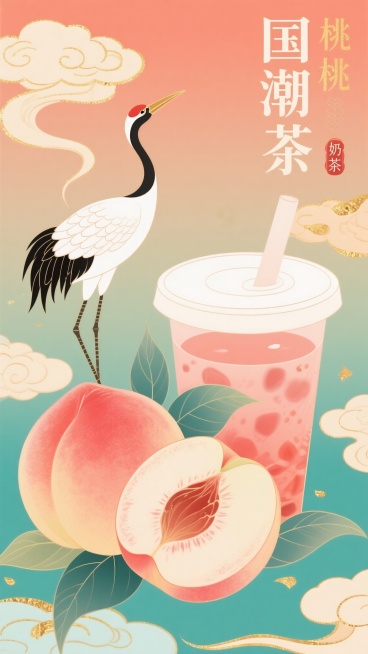 一张国风风格的桃子奶茶海报背景图，画面中有新鲜饱满的桃子、姿态优雅的仙鹤、飘逸的祥云，以及一个被切开露出鲜嫩果肉的桃子，整体色调温暖和谐，充满东方韵味预览效果