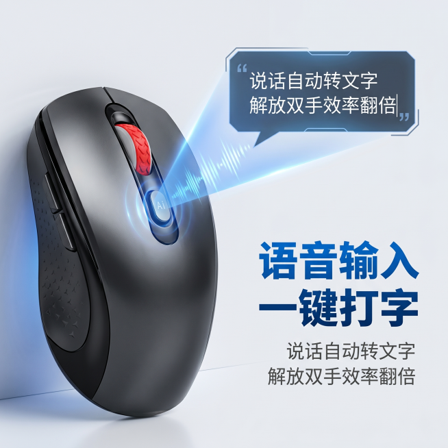 「图片1」，生成一套主图（5张），商品名称是智能AI语音鼠标，卖点智能制作PPT/表格，智能写作/绘画/写合同，PDF分析，思维导图，会议记录以及会议记录分享，语音打字，124种语言翻译适配淘宝/天猫预览效果