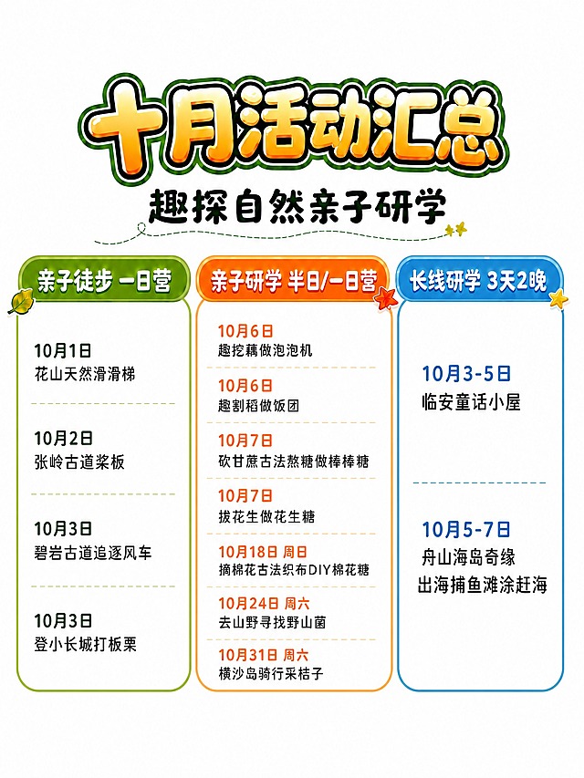 基于这张十月活动汇总卡通海报，做两处修改：1. 将背景改为纯白色，移除四周所有的棉花、甘蔗、桔子、花生、蘑菇、藕装饰元素和彩色小点，背景干净纯白。2. 将右侧长线研学板块中"10月3-5日 临安童话小屋"这一行文字整体向上移动约0.5厘米的距离，使其位置更靠上。其余所有标题、文字、三个板块卡片样式、所有活动内容全部保持不变。