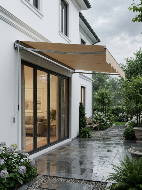 将该遮阳棚安装在白色现代美式别墅的落地窗上，安装高度距离落地窗顶部30厘米，保持遮阳棚原有的角度和尺寸不变，背景为雨天的美式庭院场景，图像比例为3:4预览效果