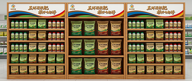 根据这个货架线稿模板生成真实的农资产品陈列货架效果图，保留顶部招牌文字"五环深根肥 根好啥都好"和品牌logo，保留整体框架结构，转换为商超落地陈列货架的真实效果图，木质货架结构，干净清晰的陈列空间，商业摄影风格，写实质感，光照均匀自然，保持原宽高比，不变形扭曲