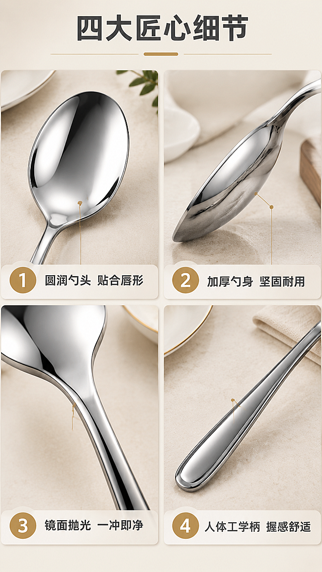 [商品] 使用【图1】银色不锈钢长柄西餐勺；保留产品全貌及各部位细节，分别展示勺头、勺身、勺柄、边缘的局部特写；增强金属质感与细节清晰度。
[画面] 目标：结构细节解析，展示4个核心工艺细节。构图：2×2四宫格拼图，每格一个细节特写+编号+短说明。左上：圆润勺头；右上：加厚勺身；左下：镜面抛光表面；右下：人体工学握柄。景别：微距+中景混合，每格为对应部位特写。阅读动线：从上到下从左到右。前中后景：每格独立小场景，配浅底衬托。
[视觉] 套系策略：风格=现代简约餐厨风高级商业摄影；标题字=思源黑体粗体；正文字=思源黑体常规；主色=银灰+米白；背景延展=基于米白/浅灰做深浅层级、同色渐变和细腻质感；强调色=暖金色，仅用于编号、引线和标签；标题色=深炭灰；正文色=中暖灰；组件=四宫格分隔线、圆角编号卡、细线引线；光影=每格均匀柔光，突出金属纹理和高光。
[文字] 顶部主标题"四大匠心细节"，四宫格每格右下角或下方配编号+短文字：1.「圆润勺头 贴合唇形」2.「加厚勺身 坚固耐用」3.「镜面抛光 一冲即净」4.「人体工学柄 握感舒适」；文字横向排版，字号保证手机端可读。
[规格] 图片比例9:16竖版，4K，避免变形、错字、文字过小、冷蓝背景、结构失真。