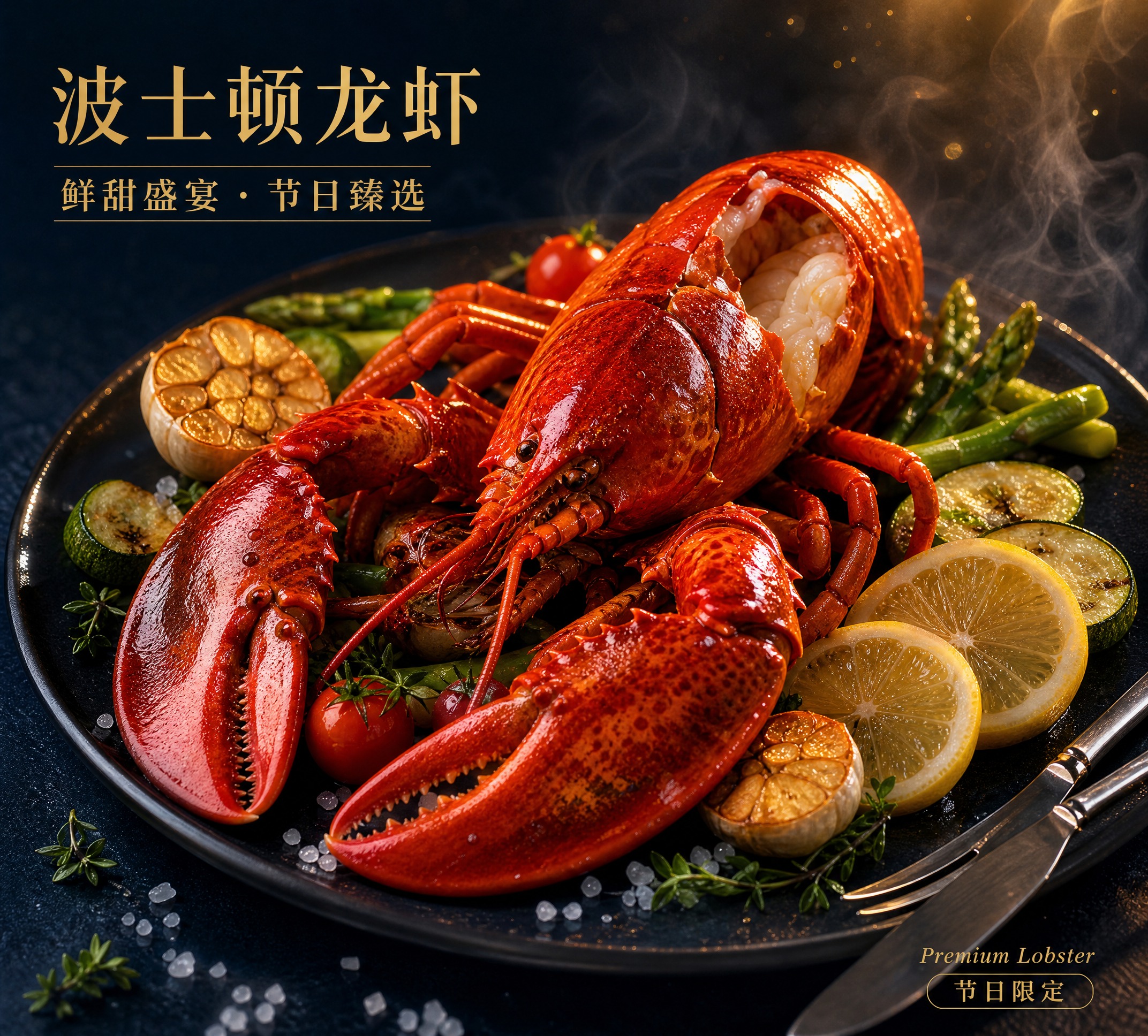 商业美食摄影海报，画面中心是一只色泽红亮的波士顿龙虾，龙虾壳光… - 图片创意预览