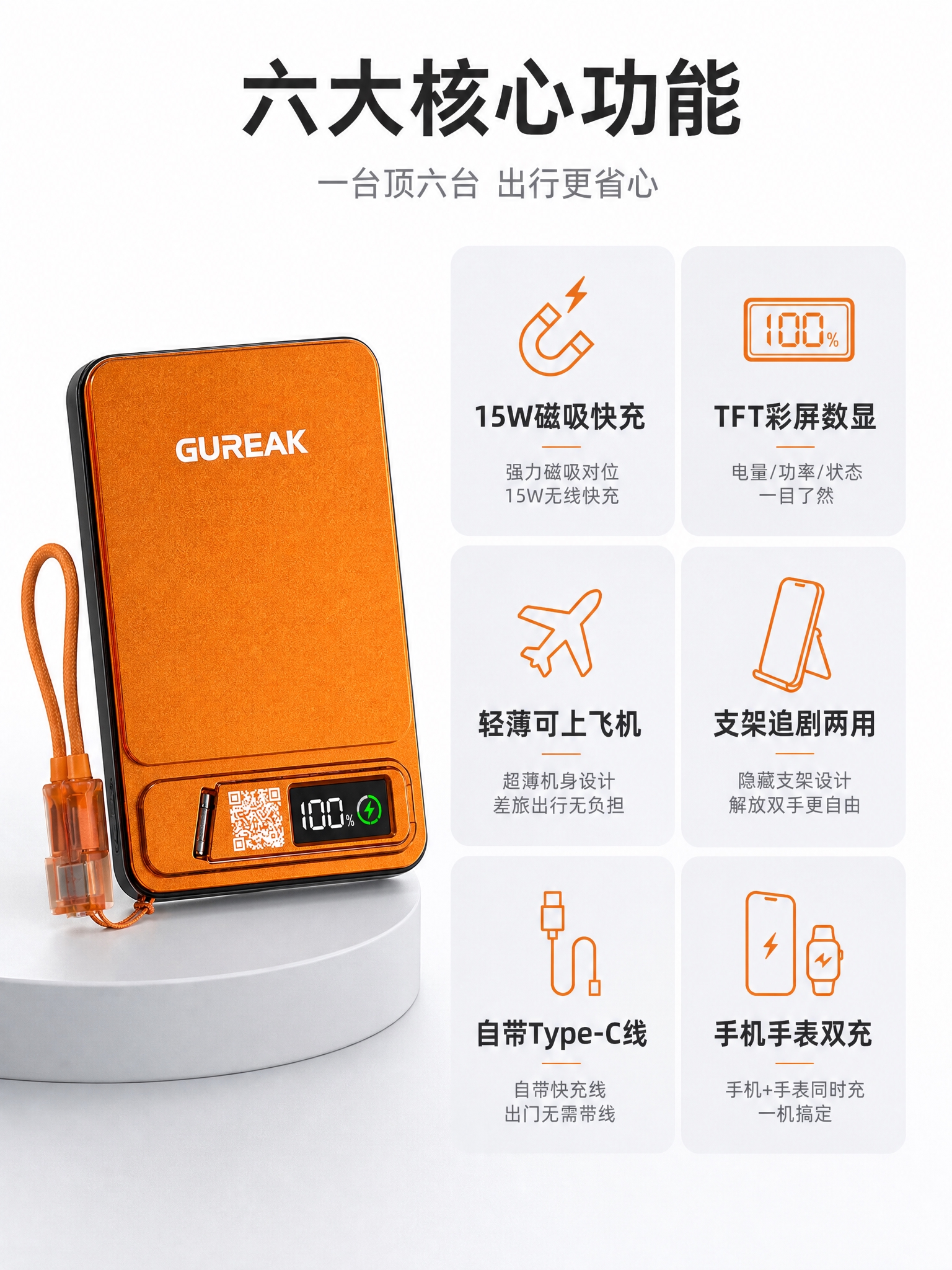 拼多多电商详情页第2张-核心卖点总览，GUREAK橙色磁吸无线… - 图片创意预览