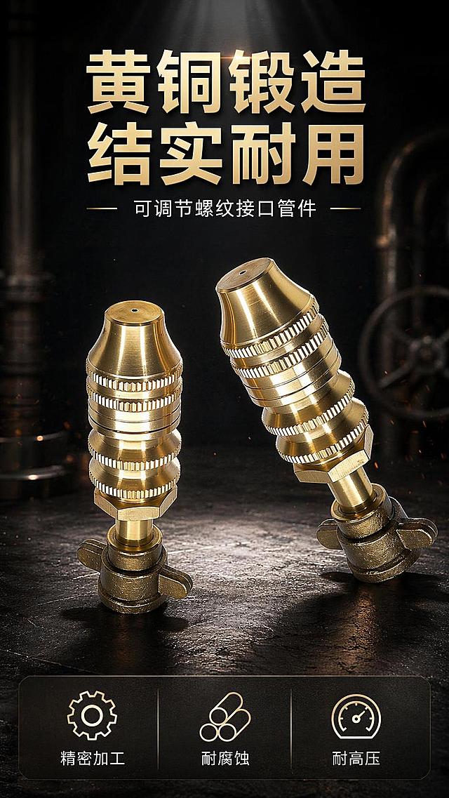 [第1屏] 详情页头图-xxx黄铜喷头管件专业宣传海报。本屏使用【图1】作为商品主体。
[氛围/风格] 专业工业风，深色背景突出金属质感，商业摄影高级质感
[元素布局] 两个黄铜喷头管件主体斜向置于画面中央，占比约70%；上方预留主标题区域，底部放置信息条；保持喷头结构、尺寸、黄铜材质质感与输入产品图完全一致。
[光影质感] 顶部束状硬光打亮产品，凸显黄铜拉丝光泽，底部自然投影，明暗层次分明，金属质感强烈。
[配色色系] 全局底色 #1a1a1a；主色黄铜金色；辅助色浅灰色文字，白色高光点缀
[视角构图] 正面微仰视，产品为绝对视觉中心，阅读动线从上到下自然流畅。
[文字版式] 上方主标题「黄铜锻造 结实耐用」，副标题「可调节螺纹接口管件」，大字体加粗居中；底部信息条标注「精密加工 耐腐蚀耐高压」；文字不遮挡主体产品。
[比例分辨率] 9:16 竖版比例，4K分辨率，文字清晰可辨，高清画质。
[负向提示词] 产品变形，结构错误，颜色偏差，缺件错件，文字错乱，水印，背景杂乱