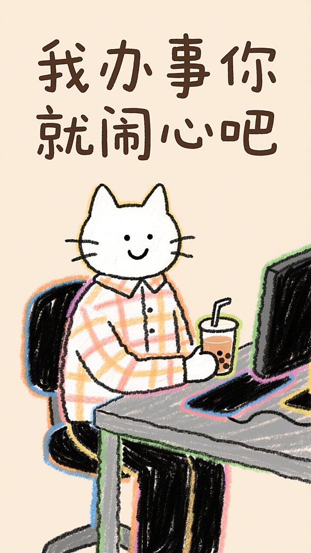 拟人小白猫穿着格子衬衫、一只手拿着一杯奶茶，坐在电脑桌前，坏笑的表情，杏色纯色的背景，上面一行文字用宋体写着“我办事你就闹心吧“