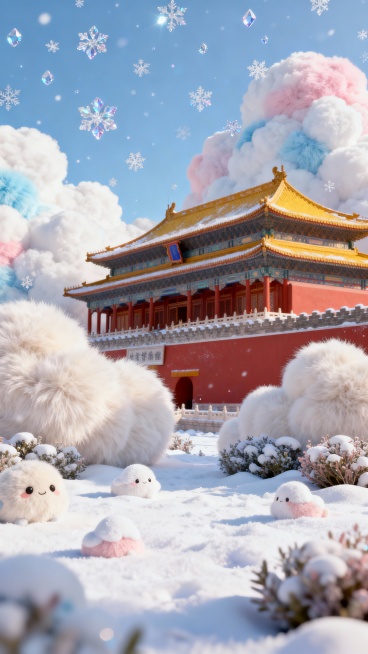 梦幻雪境中的北京，紫禁城静立于毛绒云朵与飘雪之间，软3D风格融合插画风，温馨可爱，浪漫满溢，虚拟现实感十足。预览效果
