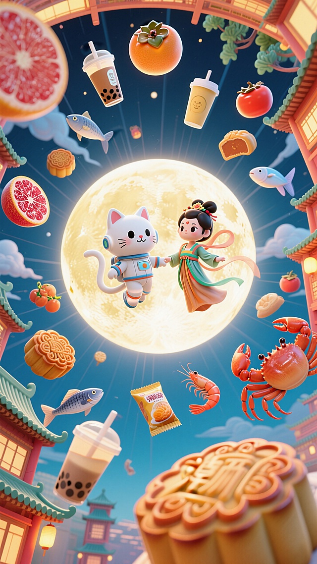 梦幻3D风，卡通拟人角色在超现实中秋夜飞翔，满月、美食环绕，节日氛围浓厚。