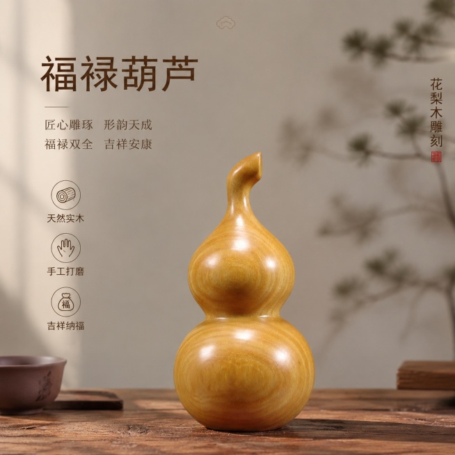 [单张主图] 福禄葫芦摆件 高级氛围感木雕家居摆件
[画面主体] 福禄葫芦木雕摆件，保持产品外观（即物理结构、材质纹理、颜色）与输入产品图完全一致，杜绝任何变形和色差，精细化处理。产品放置在中式实木茶预览效果