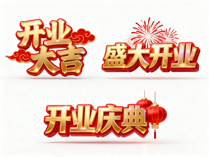 一张设计精美的新店开业系列素材集合海报，采用纯白色纯色背景，保持原图中金色立体书法文字的艺术风格，文字具有光泽感和红色描边效果，光影运用自然，高光表现突出。画面中规整排布着3个完全不同造型的新店开业元预览效果