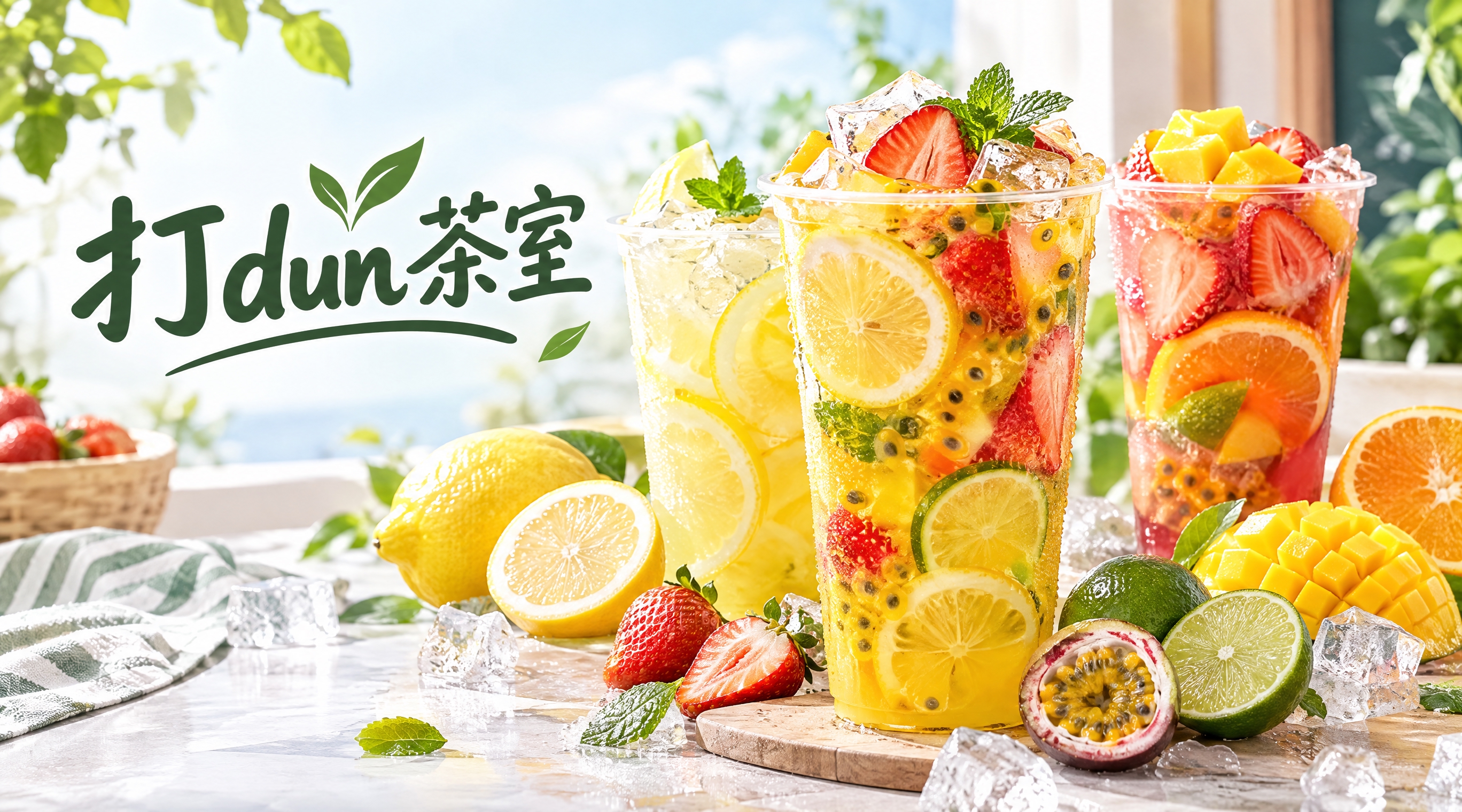茶室店招设计，店名"打dun茶室"，画面主体是清爽的柠檬茶和缤… - 图片创意预览