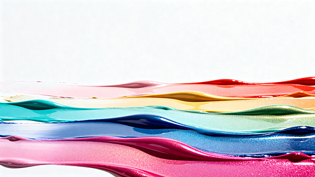 A wide panoramic river of colorful nail polish swatches flowing from left to right at the bottom third of the image, minimalist white background above, soft shadows, smooth transition from pastel to vibrant colors, each swatch is distinct while blending into a flowing shape, product photography style, high key lighting, 8k high definition, isolated elements, clean minimalist composition