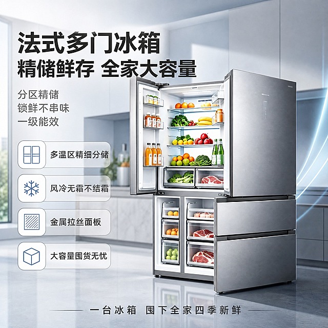 [单张主图] 法式多门冰箱电商主图，高级品质感路线，淘宝1:1主图，目标是一眼传达大容量分区精储、锁鲜不串味、一级能效的高端家电品质感，同时承载点击与转化。

[画面主体] 画面中央偏右位置放置一台银灰色金属拉丝面板法式多门冰箱，冰箱门呈打开状态，内部各层搁架与抽屉清晰可见，分别摆放着新鲜水果、蔬菜、肉类、饮品等食材，展示多温区精细分储的结构。冰箱外观、颜色、材质、结构、门体数量与布局、内部搁架与抽屉分布必须与输入产品图完全一致，保持金属拉丝质感和品牌标识位置不变。冰箱主体占画面约55%-60%，完整不裁切。

[构图版式] 采用「左文右物场景型」高级感版式。左侧约40%区域为文字信息区，右侧约60%为冰箱主体与场景融合区。顶部留出品牌安全区，底部有短标语收口。侧边卖点图标沿左侧纵向排列，不遮挡冰箱主体。

[场景元素] 背景为现代简约厨房场景，浅冷色调，以浅灰蓝渐变和柔和的厨房环境虚化为主，隐约可见浅色橱柜、大理石台面和柔和窗光，营造高端家居氛围。冰箱放置在光洁的地面上，底部有自然的接触阴影和地面倒影，增强真实感。背景虚化处理，突出冰箱主体。画面右侧有轻微的冷色光带和流线型光效，增加科技感和品质感。

[文案版式] 所有文字均为中文，字体采用现代无衬线粗黑体，主标题字重最大，副标题和卖点字重逐级递减。文字全部放在左侧留白区域和底部，不遮挡冰箱主体。

顶部左侧主标题（两行，最大字号，深灰近黑色）：
第一行："法式多门冰箱"
第二行："精储鲜存 全家大容量"

主标题下方副标题（较小字号，中灰色，三行）：
"分区精储"
"锁鲜不串味"
"一级能效"

左侧中部纵向排列4个卖点图标+文字（每个卖点一个圆角小图标，图标为简约线性风格，配短文字）：
"多温区精细分储"
"风冷无霜不结霜"
"金属拉丝面板"
"大容量囤货无忧"

底部通栏短标语（居中，中等字号，深灰色，底部留白处）：
"一台冰箱 囤下全家四季新鲜"

[光影质感] 商业家电摄影质感，主光从左前方45度斜射，在冰箱金属面板上形成柔和的高光带和拉丝纹理反光，内部食材受光均匀、色彩鲜亮。冰箱底部有柔和的接触阴影和地面倒影，立体感强。整体光线干净明亮，冷调柔光，无硬阴影，体现高端家电品质。景深适中，背景虚化，主体清晰锐利。

[配色字体] 主色调为银灰+浅冷蓝+白色，辅助色为深灰文字，强调色为极少量冰蓝色用于图标点缀和光效。字体统一为现代无衬线黑体，主标题粗重醒目，副标题中等字重，卖点文字纤细清晰，字号层级分明。

[比例分辨率] 1:1正方形，2K分辨率，文字清晰可辨，产品细节锐利。

[负向提示词] 禁止变形、禁止错字糊字、禁止水印、禁止平台Logo、禁止主体模糊、禁止背景杂乱、禁止冰箱结构改变、禁止门体数量错误、禁止内部搁架缺失、禁止金属质感失真、禁止人物出现、禁止悬浮、禁止穿模、禁止廉价塑料感。