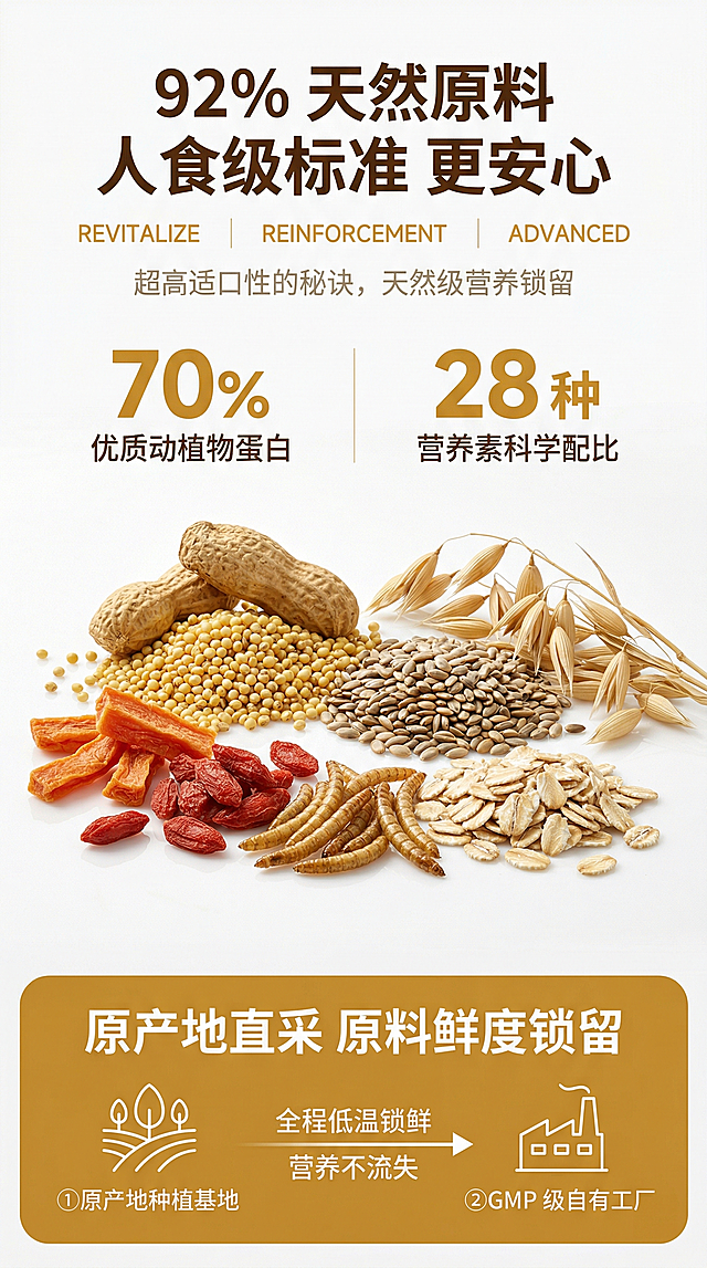 高端天然籽实食品商业摄影风格，影棚级柔和自然光，画面干净通透，食材细节拉满。画面顶部居中排版：超大号加粗深暖棕主标题“92% 天然原料 人食级标准 更安心”；标题下方居中排列三个用细竖线分隔的细体焦糖黄英文标签 “REVITALIZE”“REINFORCEMENT”“ADVANCED”；再下方居中放置浅暖灰细体副标题 “超高适口性的秘诀，天然级营养锁留”。标题下方为左右对称排版的两个核心数据模块，左侧为焦糖黄加粗大号数字 “70%” 搭配深暖棕小号说明文字 “优质动植物蛋白”，右侧为焦糖黄加粗大号数字 “28 种” 搭配深暖棕小号说明文字 “营养素科学配比”。画面中间主体为新鲜饱满的带壳小米、加纳利子、红花籽、燕麦穗，搭配脱水胡萝卜、枸杞、面包虫干、天然燕麦片，食材新鲜有光泽、肌理清晰，放置在纯白色哑光反光台面上，带有自然柔和倒影，商业级生鲜摄影质感。画面底部为通栏焦糖黄圆角矩形板块，板块内居中放置暖白色大号标题 “原产地直采 原料鲜度锁留”，标题下方为居中的流程图示：左侧是籽实种植基地线性图标 + 文字说明 “①原产地种植基地”，中间是 “全程低温锁鲜 营养不流失” 搭配向右箭头，右侧是自有工厂线性图标 + 文字说明 “②GMP 级自有工厂”。整体文字层级清晰，突出食材天然与安全，符合高端电商详情页设计标准，色调风格跟上一屏主KV海报保持一致。