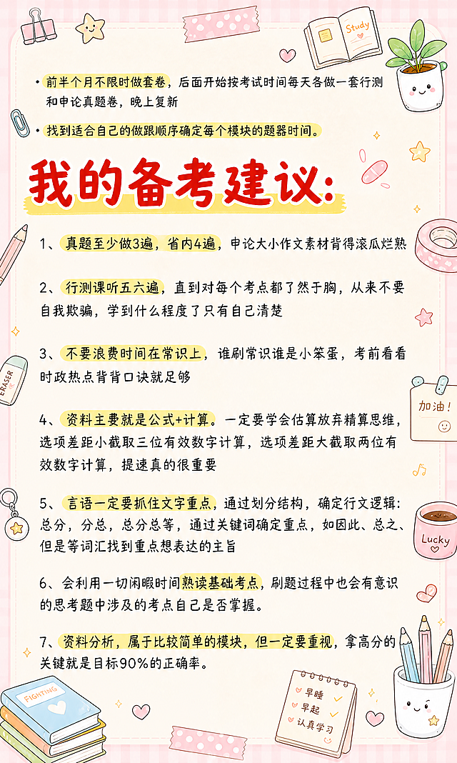 小红书笔记大字封面，插图大字，马卡龙手账涂鸦风格，版式精美，小红书笔记封面质感，适合信息流点击。版式骨架、分区比例、色调体系与参考图保持一致（相似度约70%），文案与配图换为用户本次内容。主标题完整保留：「我的备考建议:」，红色马克笔手写体，配黄色手绘高亮底块，醒目突出。正文内容完整保留原图所有文字（第1至7条）：「1、真题至少做3遍，省内4遍，申论大小作文素材背得滚瓜烂熟」「2、行测课听五六遍，直到对每个考点都了然于胸，从来不要自我欺骗，学到什么程度了只有自己清楚」「3、不要浪费时间在常识上，谁刷常识谁是小笨蛋，考前看看时政热点背背口诀就足够」「4、资料主要就是公式+计算。一定要学会估算放弃精算思维，选项差距小截取三位有效数字计算，选项差距大截取两位有效数字计算，提速真的很重要」「5、言语一定要抓住文字重点，通过划分结构，确定行文逻辑:总分，分总，总分总等，通过关键词确定重点，如因此、总之、但是等词汇找到重点想表达的主旨」「6、会利用一切闲暇时间熟读基础考点，刷题过程中也会有意识的思考题中涉及的考点自己是否掌握。」「7、资料分析，属于比较简单的模块，但一定要重视，拿高分的关键就是目标90%的正确率。」，以及上方「前半个月不限时做套卷...」等全部文字，重点关键词保留黄色高亮，所有文字清晰不被遮挡。背景：浅米色笔记纸纹理，浅粉色马卡龙色浅背景边框，四周有格子纹肌理。装饰：画面四周和空白处添加密集但不杂乱的马卡龙色手绘小涂鸦，包括文具（铅笔、橡皮、回形针、胶带、便签纸）、咖啡杯、星星、书本、小爱心、植物盆栽，角落有装饰元素，涂鸦风格与参考图一致，可爱治愈，不遮挡正文文字。整体氛围：马卡龙手账风，温馨治愈，学习备考感，信息层级清晰。画质：高清细腻，标题与背景强对比，文字完整处于安全区内不可裁切，四周留安全边距。画面比例3:5，4K。图生图：严格使用用户上传图片，【图3】= 内容底图（保留所有文字内容并重新排版），【图6】= 风格参考图（参考马卡龙手账涂鸦风格、边框、装饰元素类型）。
