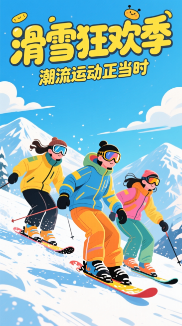 扁平插画风格。前景是三个潮流人物在雪坡上滑雪，穿着滑雪服、戴着护目镜，蓝天白云雪山背景。上方有黄色卡通大字“滑雪狂欢季”，字体圆润有趣，“潮流运动正当时”艺术字。预览效果