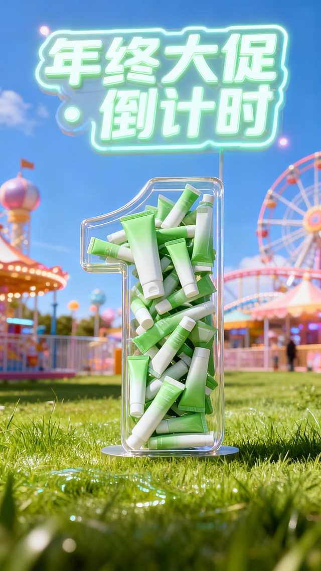 将图中的商品裂变出无数个（商品比例外观一致），通过旋转堆叠的方式填充到“1”数字形状的透明容器中，透明容器被商品填满不留一丝空隙。“1”立在草地上，柔和的光泽纹理，背景是游乐场梦幻氛围。画面顶部为巨大荧光质感文字灯牌“年终大促·倒计时”。