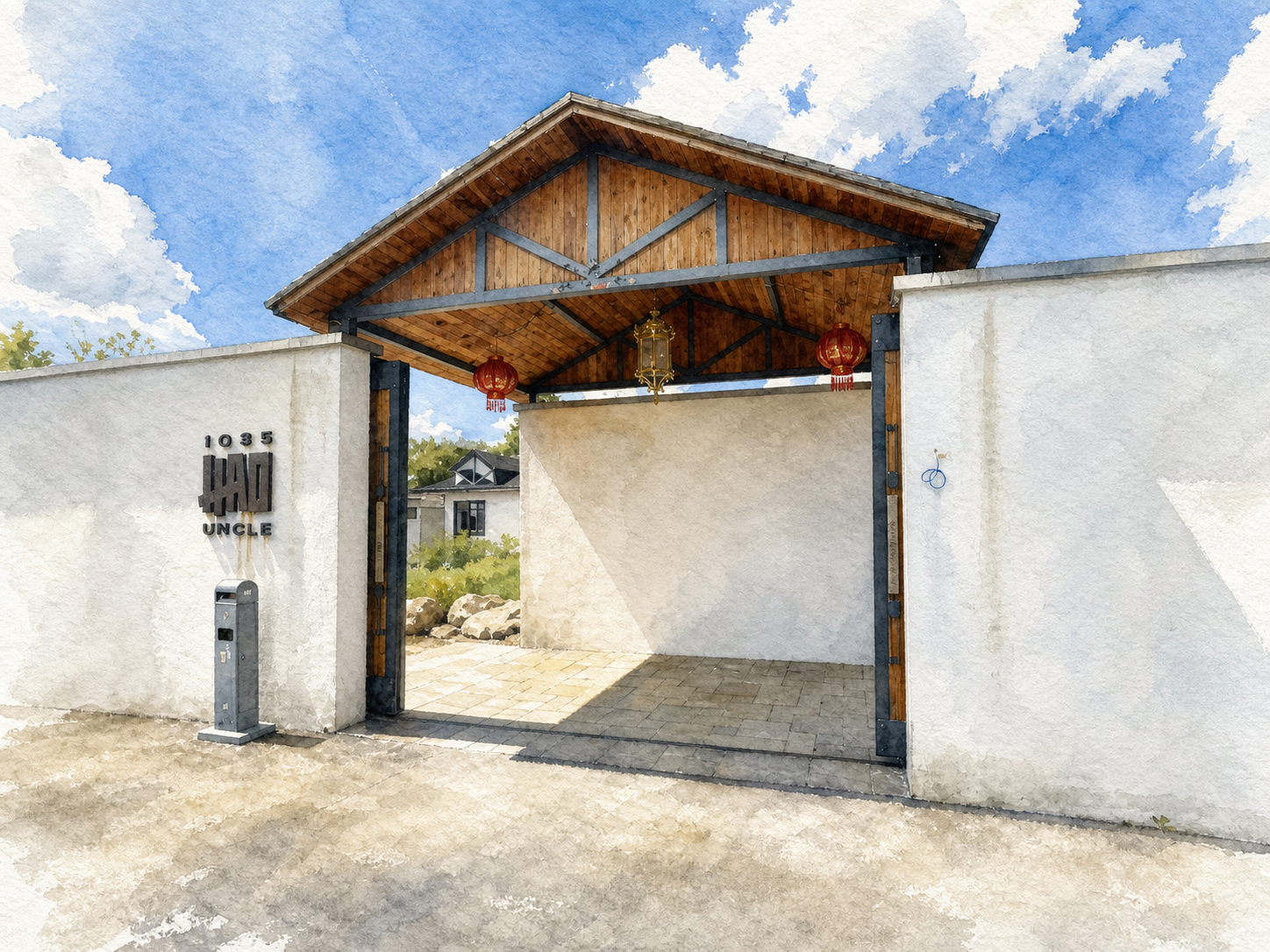 将图片转为水彩风格，移除画面中两个人物，保留大门和背景景观 - 图片创意预览