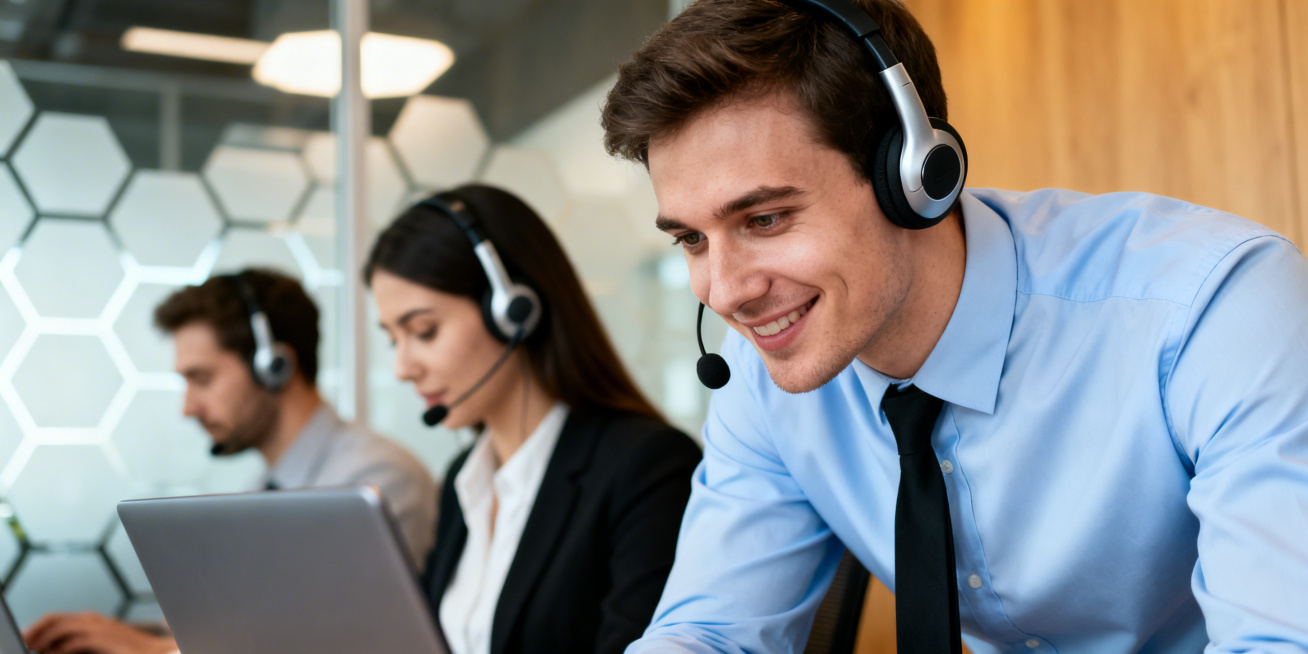 Professional call center office scene, medium close-up, slightly right-biased eye-level perspective.预览效果