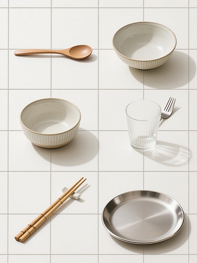 6个不同的餐具（如木质勺子、陶瓷碗、玻璃杯子、金属叉子、竹制筷子、不锈钢盘子）以规整的网格排布，保持简约现代风格，纯浅色背景，每个餐具具有清晰的材质纹理和柔和阴影，高光细节自然，无文字、无logo、无水印。