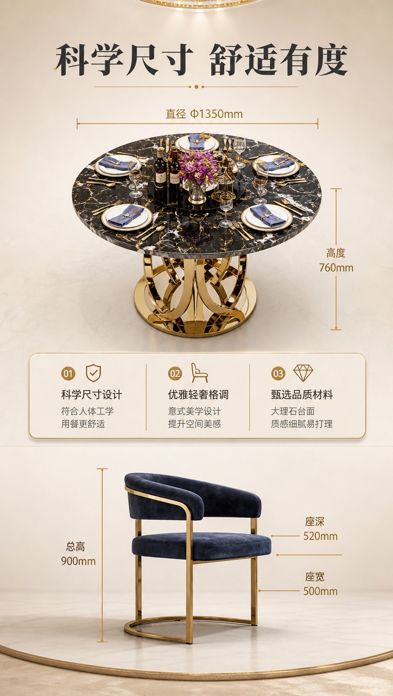 [商品] 使用【图1】圆形大理石餐桌和【图2】深蓝色天鹅绒餐椅… - 图片创意预览