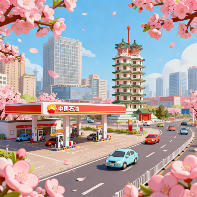春暖花开的AI卡通插画，画面中包含中国石油加油站，城市建筑背景里突出郑州二七纪念塔，宽阔道路上有行驶的汽车，画面各处点缀盛开的粉色桃花，整体色彩鲜亮饱满，AI卡通素材丰富，风格圆润可爱预览效果
