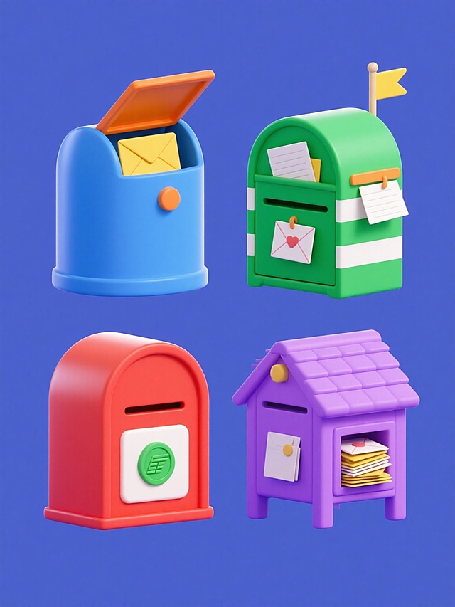一套四个造型各异的3D卡通风格邮箱图标集合，均采用纯色背景，保持统一的圆润可爱造型语言和明亮色彩搭配。每个邮箱都有独特设计：第一个是经典蓝色圆柱体邮箱配橙色翻盖和露出的黄色信封；第二个是方形红色邮箱带白色投递口和绿色邮戳；第三个是绿色双层邮箱带白色条纹装饰和悬挂的信件；第四个是紫色屋顶式邮箱配黄色旗帜和堆叠的信封。所有邮箱均有光滑塑料质感、柔和阴影和高光细节，整齐排列成2x2网格布局，整体呈现出活泼友好的视觉风格。