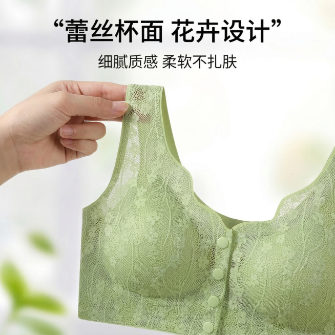 1:1正方形4K高清，蕾丝杯面卖点图。浅绿色前开扣蕾丝内衣，被手轻捏肩带展示蕾丝纹理，顶部标题“蕾丝杯面 花卉设计”，下方小字“细腻质感 柔软不扎肤”，浅白背景加模糊绿植点缀，侧光突出蕾丝网孔通透质感预览效果