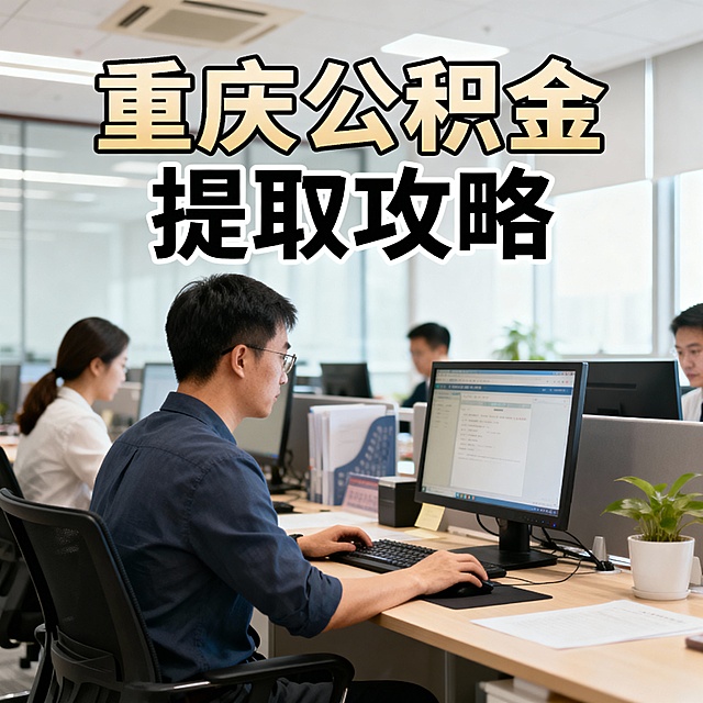 重庆公积金提取攻略，帮我生成一张办公室上班图片，加文字进去，排版要好看，文字放上面两排，上面大一点，子体